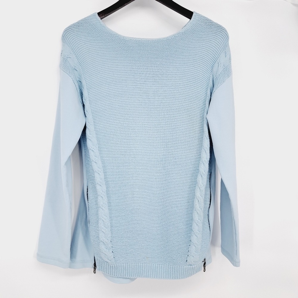 Neon Buddha Sky Blue Cable Knit Front‎ Ponte Knit Side Zip Sweater Size Small
